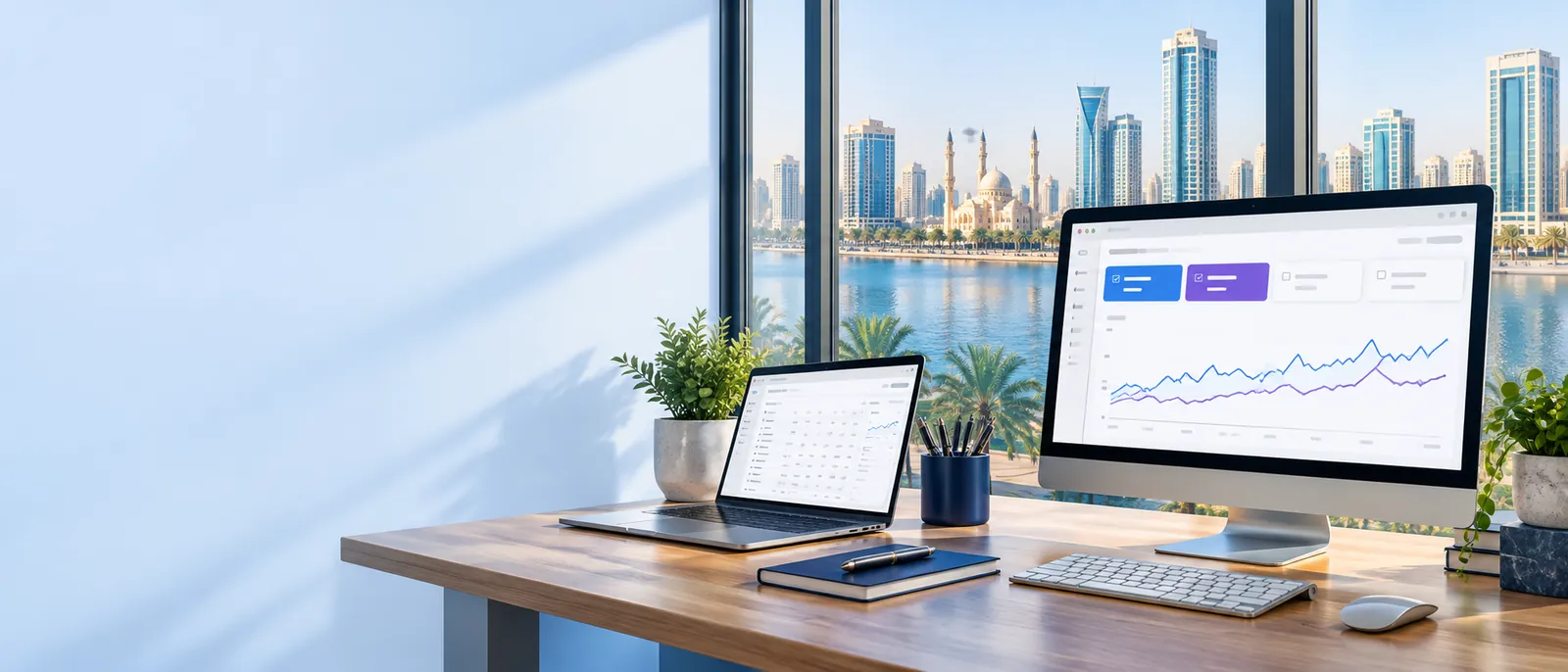 Bright desk with SEO dashboards on a laptop and monitor beside a large window overlooking the Sharjah waterfront