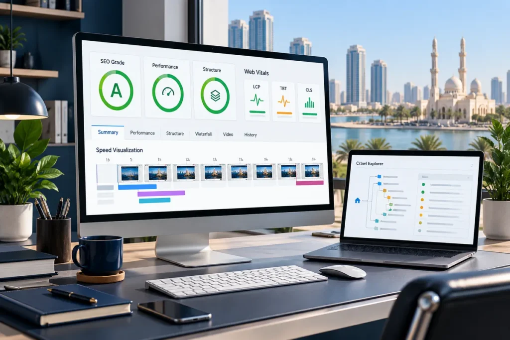 Monitor showing an SEO grade, performance scores and Core Web Vitals with a page speed timeline