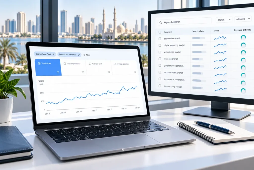 Laptop and monitor showing keyword research trends and keyword difficulty, overlooking the Sharjah waterfront