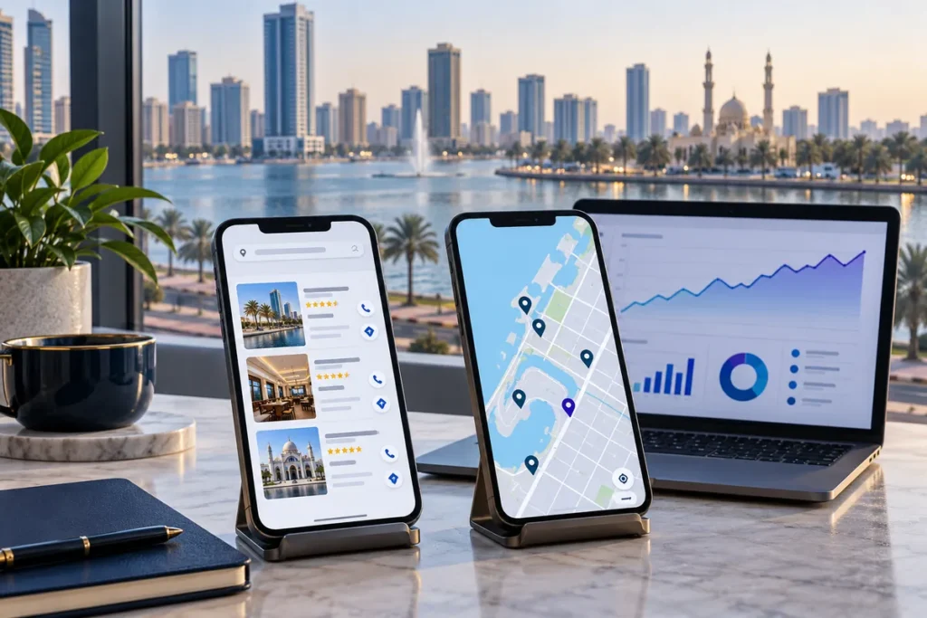 Phones showing local map results and business listings, with an analytics laptop and the Sharjah waterfront behind