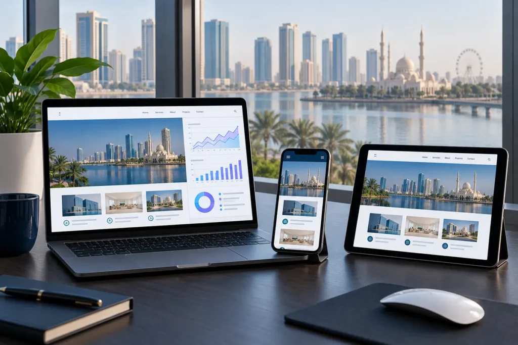 Laptop, phone and tablet displaying the same responsive website in front of the Sharjah skyline