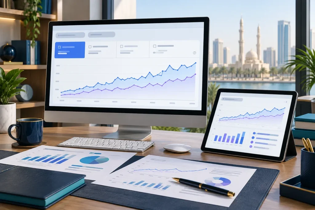 Monitor, tablet and printed charts showing rising organic traffic in an SEO performance report